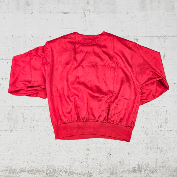 80s Vintage Bright Cherry Red Hidden Button Crewneck Bomber Jacket Size 2X - Picture 7 of 8